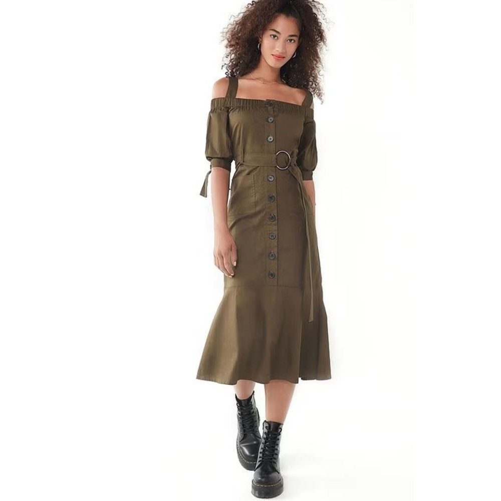 Lucca Couture Gela Cold Shoulder Midi Dress Moss L NEW